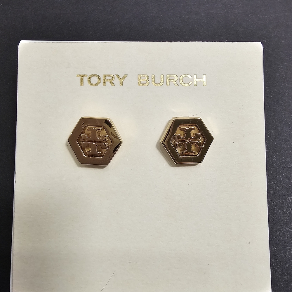 Tory Burch Gold Hexagon Logo Stud Earrings